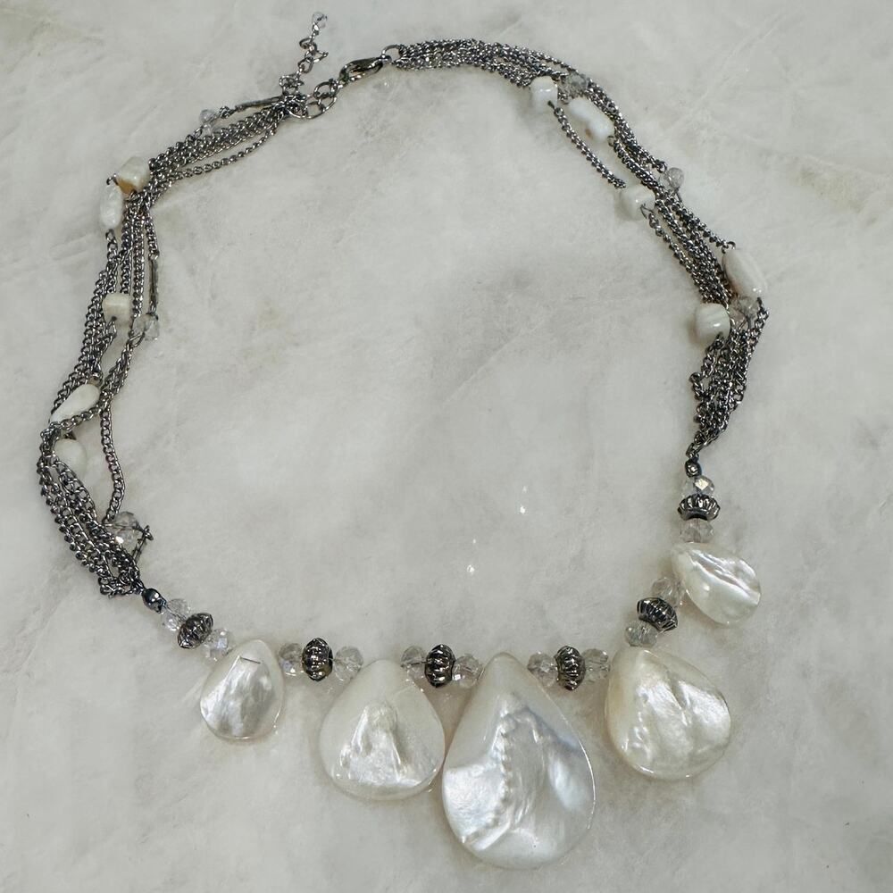 Silver-Tone Multi-Strand Necklace with Mother of Pearl Style Teardrop Drops